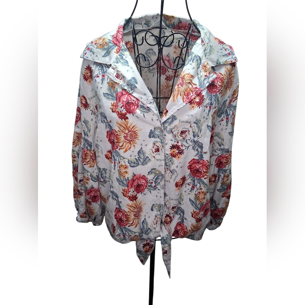 Floral Button-Up Blouse - White and Red